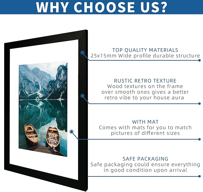 11x17 Frame Set of 2, Rustic Black Wood Style - Display 11 x 17 Poster without Mat or 8x12 Picture with Mat, Wall Mounting Horizontal and Vertical