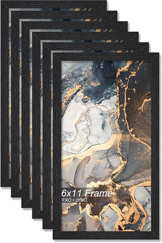 Engineered Wood 6x11 Picture Frame Set of 6, Black Frame for 6 x 11 Inch Picture Poster Photo, Light Weight 6 by 11 Frame with Wood-grain for Wall - 6 Pack/Black/6"x11"