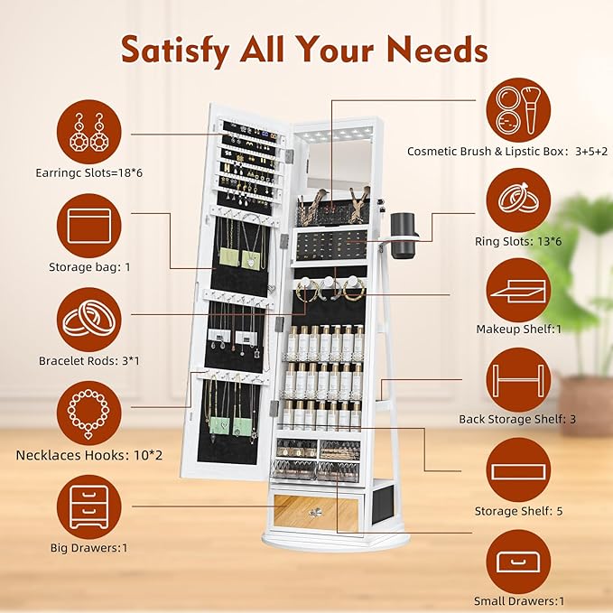 Mirror Jewelry Cabinet Standing, 360° Swivel Jewelry Armoire with 6 LED Lights, Rotatable Mirror Jewelry Organizer, White