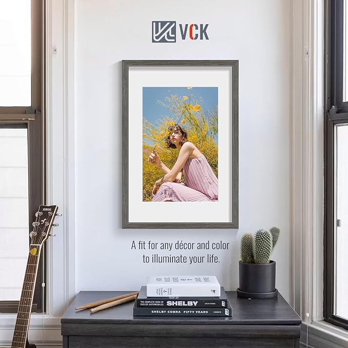 VCK 16x24 Poster Frame 5 Pack - Grey, High-End Wood Picture Frames with Polished Plexiglass, Display 12x18 Photo with Mat or 16x24 without Mat, Art Gallery-Quality, Wall Hanging, Grey