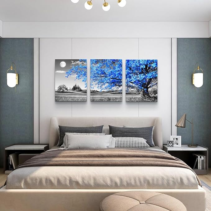 DZRWUBHS Modern Wall Art For Living Room Canvas Wall Decor For Office Black And White Blue Tree Wall Painting Scenery Wall Pictures Artwork For Bedroom Room Home Decor Prints Art 12" X 16" 3 Piece