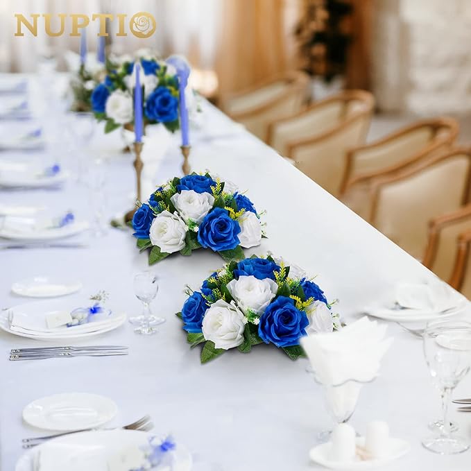 Nuptio Flower Ball Arrangement Bouquet - 10 Pcs 9.5 inch Diameter Royal Blue Fake Flowers Roses Balls for Centerpieces Tables - Artificial Rose Arrangements for Wedding Centerpiece Table Decorations