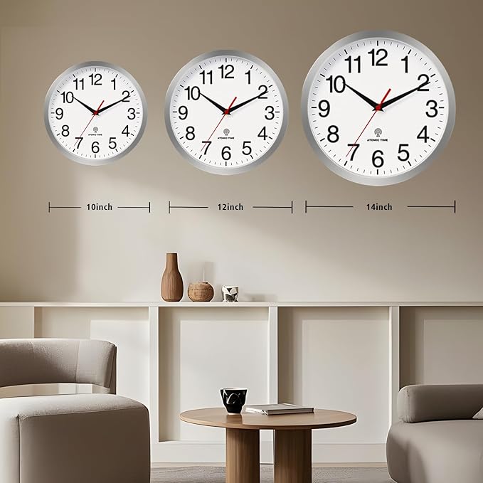 Atomic Wall Clock Modern 12 Inch Battery Operated Silent Non Ticking Analog Clock Decorative for Bedroom Kitchen Bathroom Office Home Living Room (Silver)