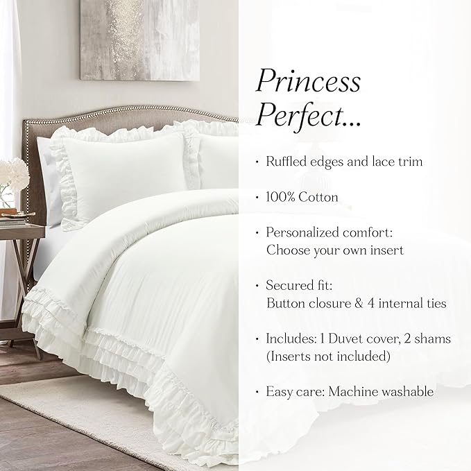 Lush Decor Ella Ruffle Lace 100% Cotton Duvet Cover, 3 Piece Set, Full/Queen, White - Cute Comforter - Queen Bedding Set - White Bedding Full Size - Coquette Decor - Neutral Lace Trim - Ruffle Trim