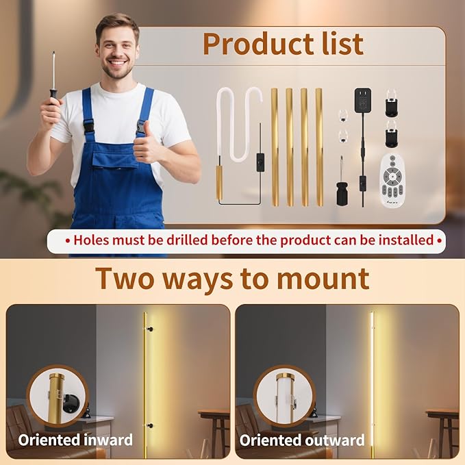 58.2" inch Gold Corner Lamp, Plug in Corner Light with Remote, Minimalist Modern Long Wall Light, Dimmable Living Room Wall Lights, Space-Saving LED CornerLamp for Living Room, 1 Pack