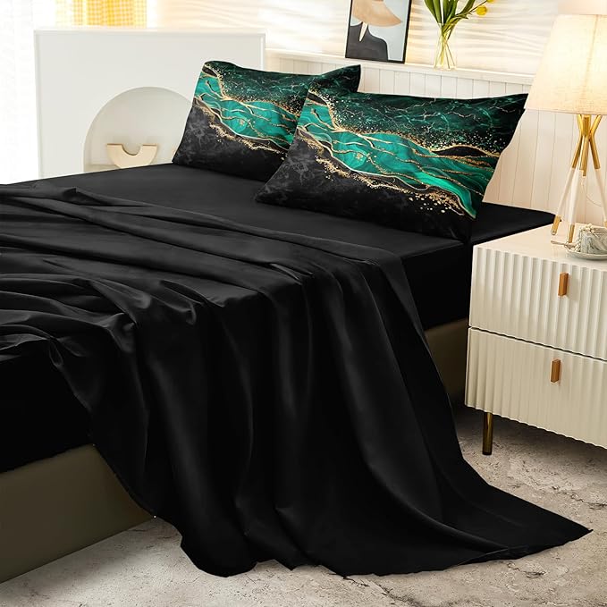 Black Gold Comforter 8 Pieces Queen Bed in a Bag, Emerald Green Marble Bed Set with Comforter, Fitted Sheet, Flat Sheet, Matching Pillowcases, Abstract Bedding Set for All Season