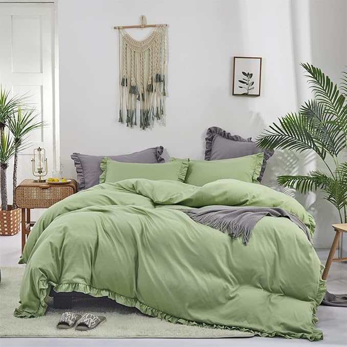 CLOTHKNOW Green Ruffles Queen Comforter Set Farmhouse Bedding Comforter Sets Soft Light Green Comforter with 2 x Pillow Cases