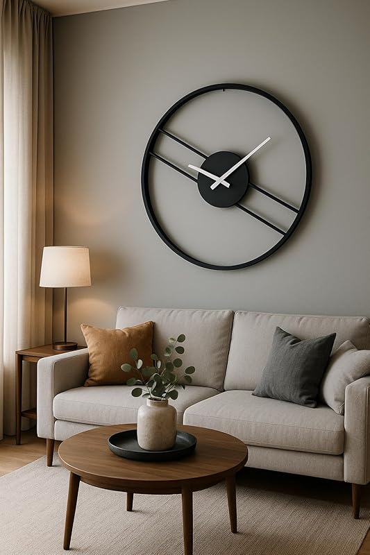 Modern Industrial Wall Clock – Oversized Silent Round Clock – Rustic Metal Wall Art – Minimalist Living Room Decor (Black, 20 Inch / 50 cm)