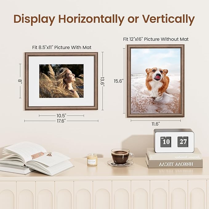 12x16 Picture Frame, USA-Sourced Walnut Wood with Tempered Glass, Display 8.5x11 with Mat or 12x16 Without Mat, 12 by 16 Photo Frame for Vertical & Horizontal Display, Handcrafted Wood Frame, 3 Pack