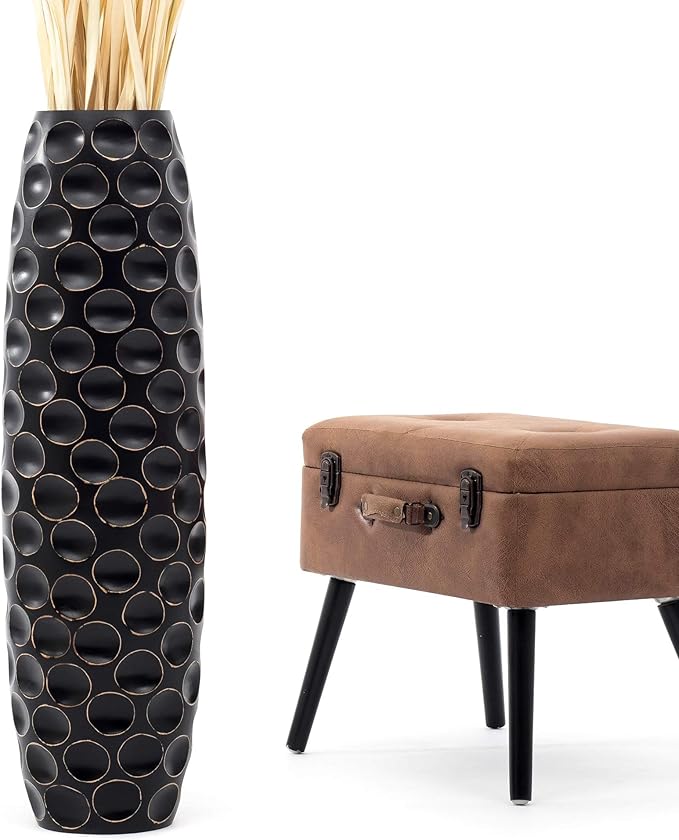 Leewadee Large Black Home Decor Floor Vase – Wooden 36 inches Tall Farmhouse Decor Flower Holder for Fake Plant and Pampas Grass