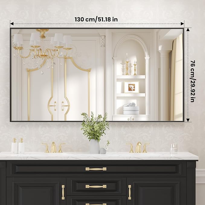 LOAAO Black Bathroom Mirror 50"X30" for Wall, Rectangle Bathroom Vanity Mirror, Tempered Glass, Hangs Vertically or Horizontally, Easy to Install, Modern Design