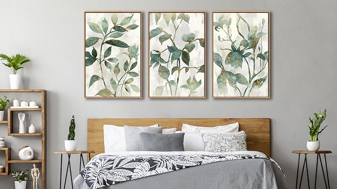 Large Framed Canvas Wall Art - Natural Float Framed Rustic Green Flowers Leaves Pictures Paintings White Grey Artwork Decor for Bedroom Living Room Kitchen Home Office Decoration 60" X 28" Set of 3