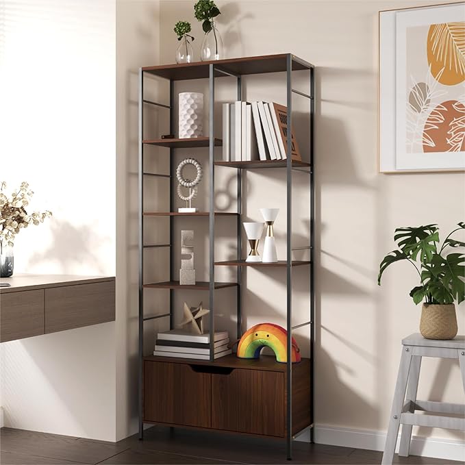 Bookshelf with Doors, 6-Tier Shelf with Storage Cabinet, 67" Tall Open Bookcase for Display, Industrial Retro Bookcase, Freestanding Storage Organizer Bookshelf for Living Room, Brown