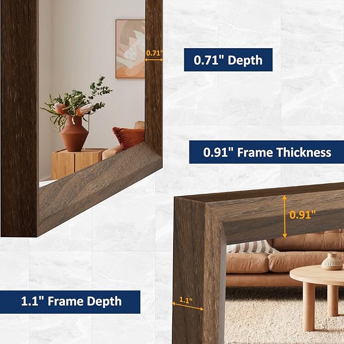 WEER Bathroom Mirror, 48x36 Inch Wall Mirror, Walnut Wood Grain Framed Mirror, Rectangle Vanity Mirror, Tempered Glass, Anti-Rust, Hangs Horizontally or Vertically