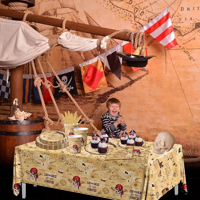 Pirate Party Supplies - 142Pieces Beware of the Pirate Theme Tableware Set Incluedes Pirate Plates,Tablecloth,Napkins Treasure Map Theme Decorations for Baby Shower Party,Adventure Party