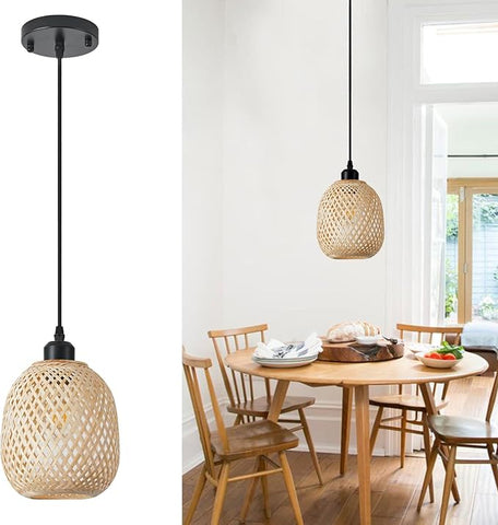 TERLEENART 1pcs Hand Woven Bamboo Boho Chic Pendant Light,Adjustable Cord Bamboo Rattan Ceiling Hanging Light for Dining Room Bar Cafe Restaurant Craft Room
