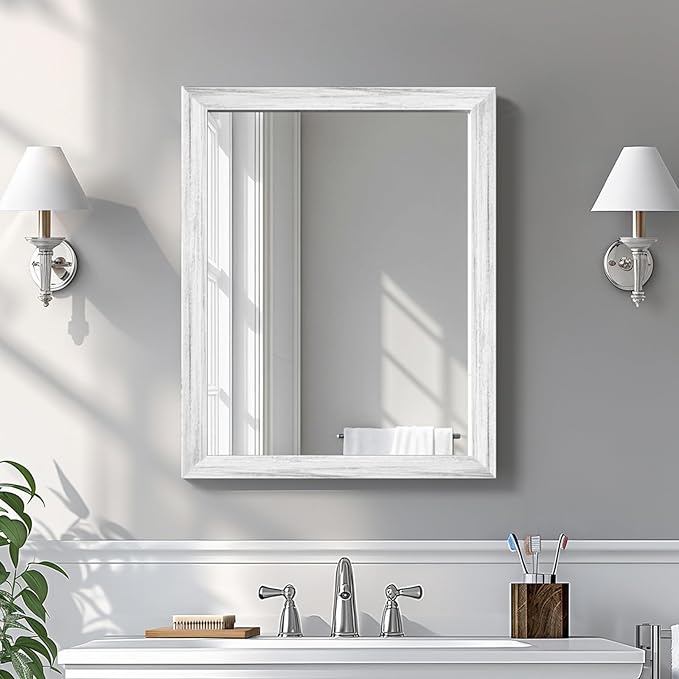 White Wood Effect Framed Wall Mirror, 16x20 Rectangle Mirror, 1/8" Anti-desilvering Tempered Glass, Sustainable& Sturdy Frame, Anti-Rust, HD Reflection &3min Fast Setup for Bathroom Living Room