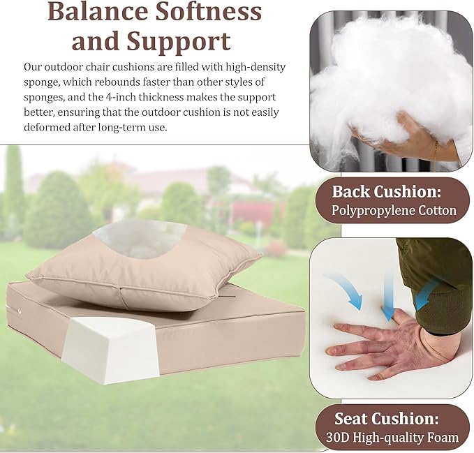 Waterproof Outdoor Chair Cushion Set of 3, 24x24x5 IN Deep Seat Patio Cushions with Fade Resistant Removable Cover,Outdoor Cushions for Patio Furniture with Ties&Handle for Chair Sofa Couch,Khaki