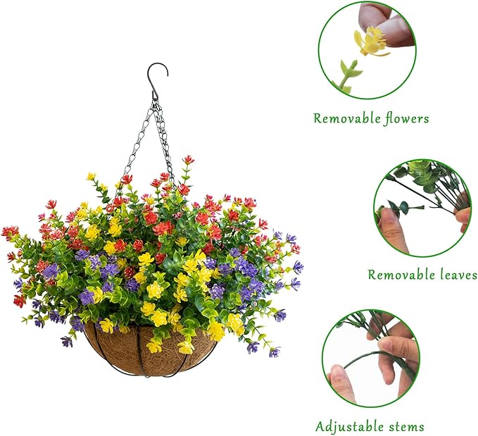 Artificial Hanging Plants Flowers with Basket for Spring Summer Outdoor Decoration, Yellow Purple Pink Red