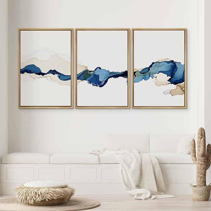 SIGNWIN 3 Piece Framed Canvas Wall Art Blue and Brown Watercolor Nature Wilderness Illustrations Abstract Traditional Relax/Calm Home Artwork Decoration for Living Room,Bedroom - 16"x24"x3 Natural