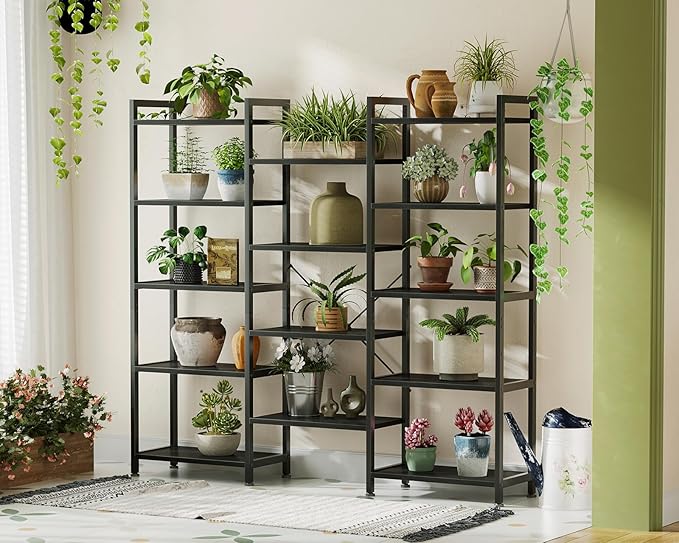 Casaottima Triple 5 Tier Bookshelf, Large Bookcase with 14 Open Display Shelves, Modern Industrial Book Shelves Book Case for Bedroom, Wide Standing Shelving Unit for Living Room Home Office, Black