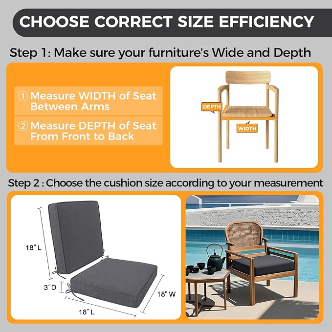 Outdoor Chair Cushion 18 x 18 x 3 Inch, Waterproof & 3-Year Fade Resistant Patio Furniture Cushions, Removable Cover and Adjustable Ties for Garden Sofa Couch (Dark Gray)