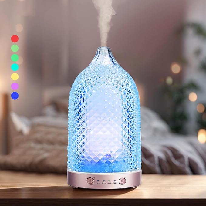 7 Colors Glass Diffuser, 200ML Essential Oil Diffuser, Ultrasonic Aromatherapy Diffuser with Timer, Auto-Off Protection, Cool Mist Aroma Diffuser for Home, Office,Yoga (Rose Gold)