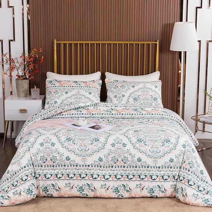 CLOTHKNOW Green White Queen Comforter Set Floral Botanical Bedding Comforter Sets Boho Comforter Pumpkin Comforter Queen