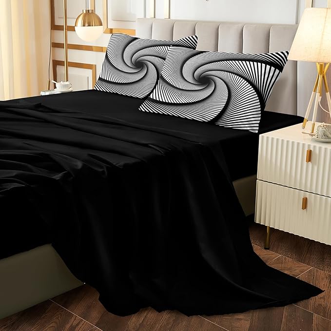 Bedorm Black White Comforter Set 3D Abstract Bedding Set Queen Vortex Stripe Geometric Comforter Trippy Psychedelic Bedding Comforter Black Bed in A Bag