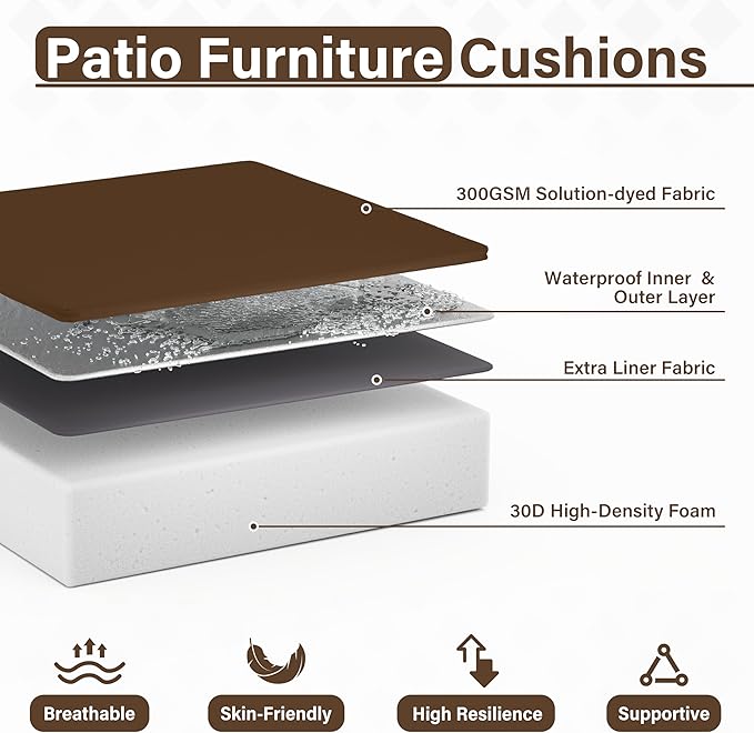Patio Chair Cushions 24 X 24 X 5 Inch Waterproof Outdoor Seat Cushions for Patio Furniture, Outdoor Sofa Couch Pads with Ties & Handle, Set of 2, Chocolate