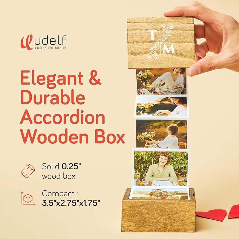 udelf Personalized Wooden Photo Box Gift with Initials-Handmade Picture Box Gift, Wedding Keepsake Box and Anniversary Box, Custom Gifts, Romantic Gift Photo Memory Storage Box, Pull Out Photo-3"x2"