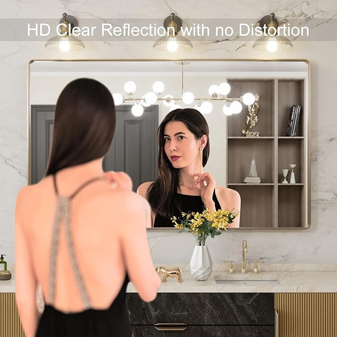 LOAAO 60”X36” Gold Bathroom Mirror, Rounded Rectangle Gold Frame Mirror, Brushed Gold Bathroom Vanity Mirror Wall-Mounted, Anti-Rust, Tempered Glass, Hangs Horizontally or Vertically