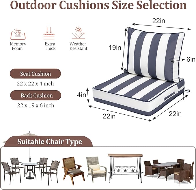 Outdoor Deep Seat Cushions for Patio Furniture Set of 2, Waterproof Outdoor Chair Cushions 22 x 22 x 4'' Patio Furniture Cushion with Fade Resistant Removable Cover, Handle & Straps, Blue Stripe