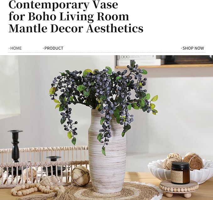 ALMA 14 inch White Floor Vase for Modern Living Room Home Decor, Big Boho Ceramic Vases for Tall Pampas Grass, Decorative Ribbed Flower Vases for Entryway Table, Kitchen Island, Fireplace Decor