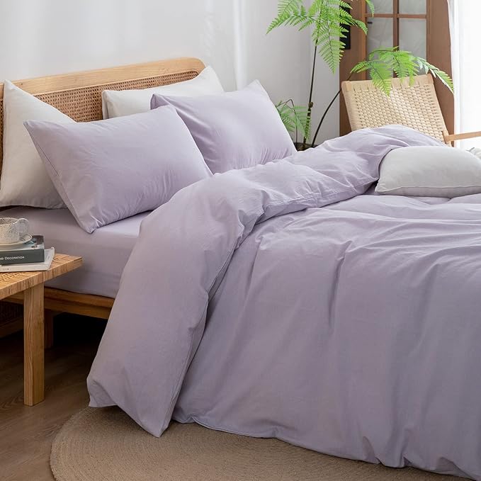 BESTOUCH Duvet Cover Set 100% Washed Cotton Linen Feel Super Soft Comfortable Chic Lightweight 3 PCs Home Bedding Set Solid Taro Purple Oversized King