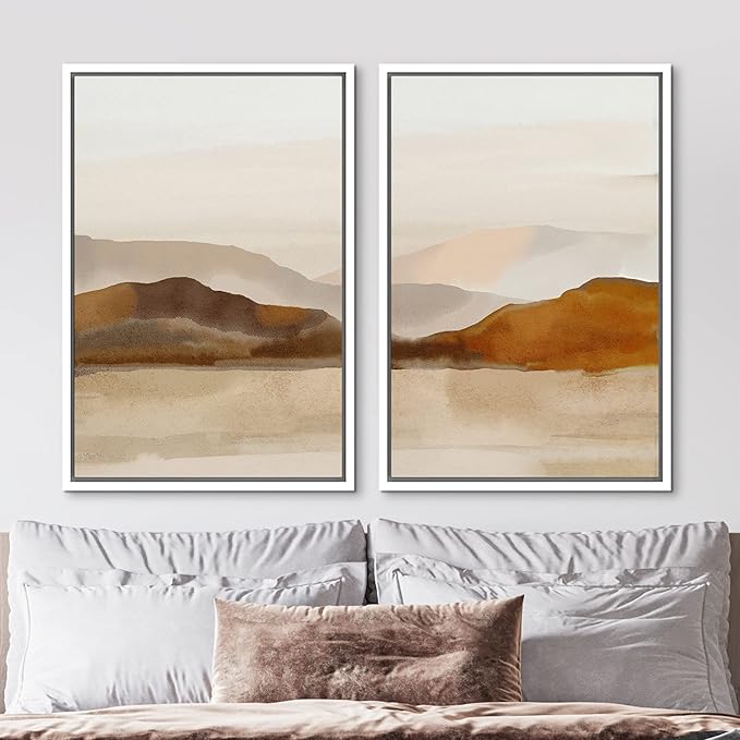MUDECOR Framed Canvas Print Wall Art Pastel Brown Mountain Range Ocean Lake Wilderness Nature Illustrations Modern Art Decorative Calm/Relax Multicolor Rustic Minimal for Bedroom - 24"x36"x2 White