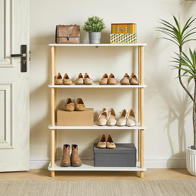 IBUYKE 4-Tier Wooden Open Bookcase - Modern Freestanding Bookshelf Storage Organizer,Standing Shelf Units,Multifunctional Display Stand for Bedroom, Living Room and Home Office, White WBC004W