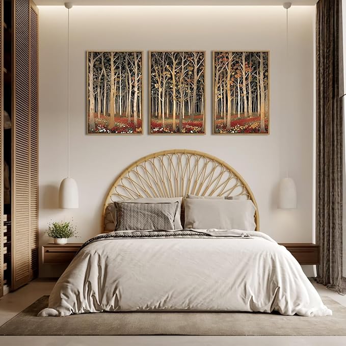 Large Modern Autumn Birch Trees Framed Canvas Wall Art,Boho Aspen Trees Wall Decor,Mid Century Fall Forest Artwork,Natural Midnight Wilderness Art Print for Living Room,Bedroom,Office-24"x36"x3