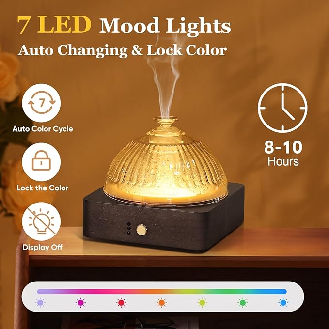 Glass Essential Oil Diffuser with Glass Reservoir & Wood Base, 200ml Ultrasonic Lock Color Timer Auto-Off 7 Color Light Aroma Glass Dome Diffuser for Home Office Bedroom Yoga - Dark Brown