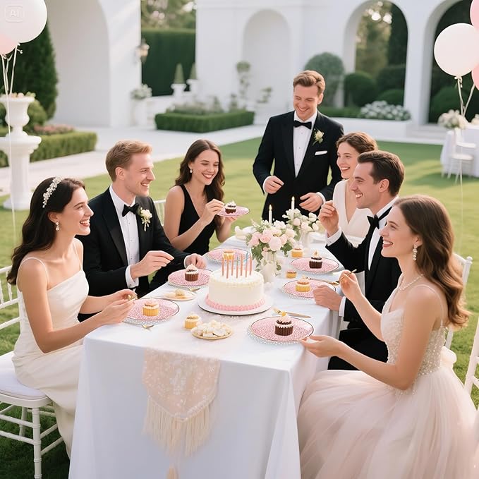 DaYammi 240Pcs Pink Plastic Plates Including 120Pcs Pink Dessert Plates and 120Pcs Gold Plastic Forks,Hammered Party Plate,pink and Gold Appetizer plates Heavy duty Disposable Plate for All Occasions