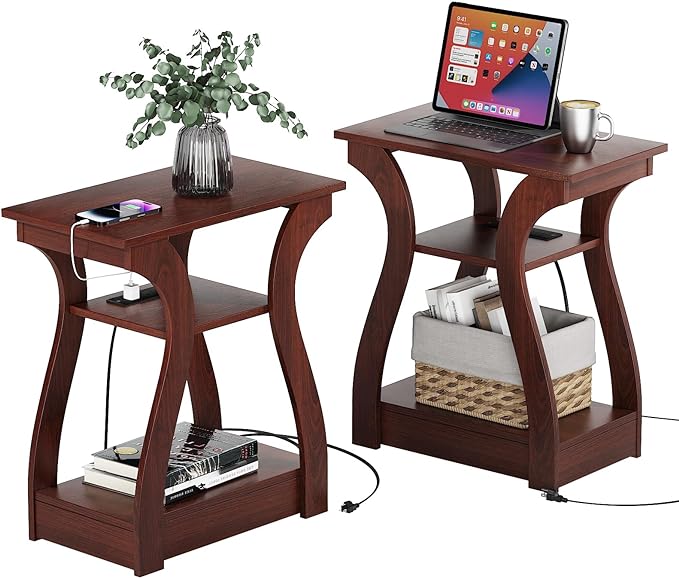 End Tables Living Room Set of 2,Cherry End Table with Charging Station,Side Table, Nightstand for Bedroom, 3 Tier End Table with Storage Shelf for Living Room(Cherry)