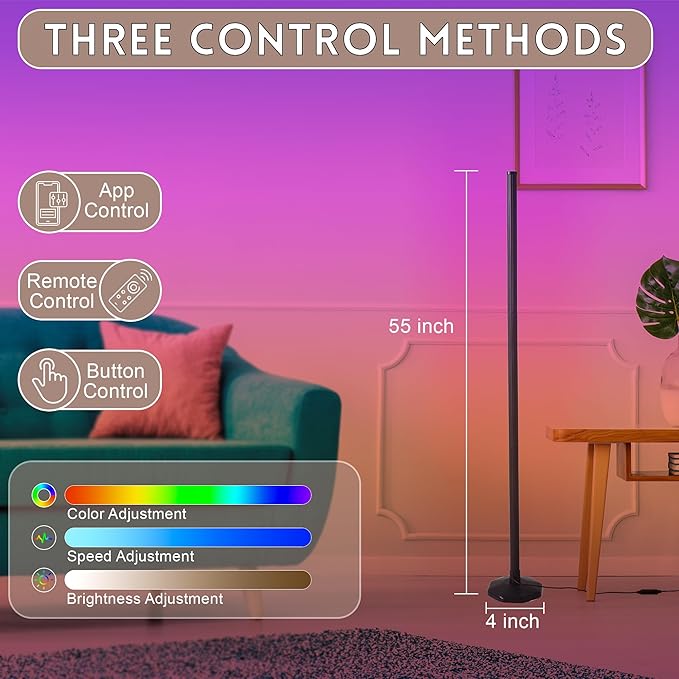 RGB Lamp for Any Room, LED Corner Floor Lamp for Living Room, Color Changing Light Bar for Bedroom, Smart Floor Lamp with Adjustable LED Lighting, Stick Lamp with Remote (125cm)