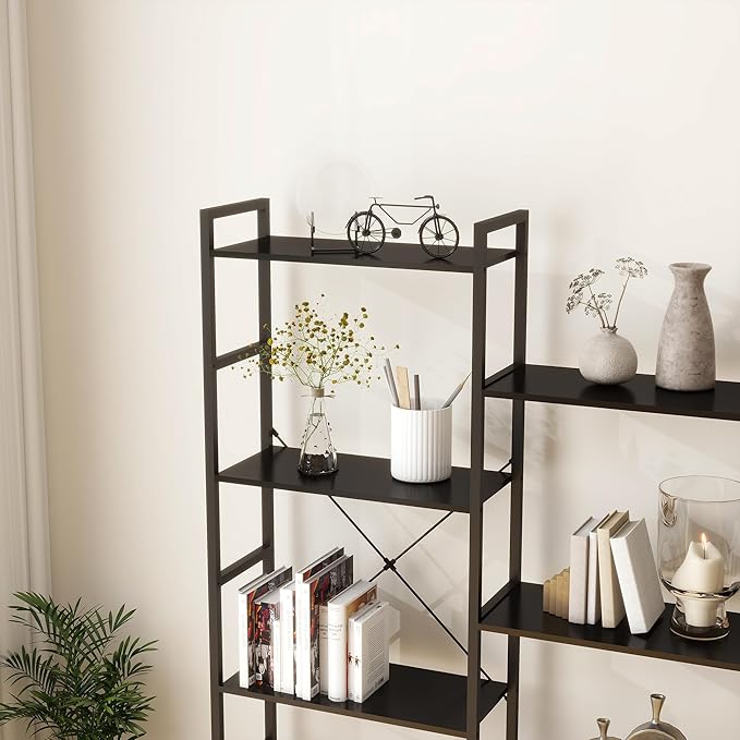 Panana Triple 4/5/6 Tier Bookshelf, Industrial Bookcase with 11/14/17 Open Display Shelves Wide Book Shelf Book Case with Metal Frame for Living Room Home Office (Black, 4 Tier)