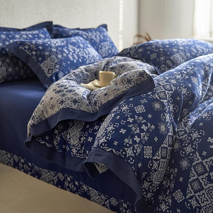 VM VOUGEMARKET Blue White Duvet Cover King Jacquard Geometric Pattern Bedding Set 3 Pieces Yarn-Dyed Cotton Boho Duvet Cover with 2 Pillow Shams