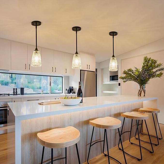 Black Pendant Lights Kitchen Island 2 Pack, Hammered Glass Pendant Light Fixtures with Clear Glass and Rods, Adjustable Modern Hanging Light for Kitchen Sink Dining Room Bedroom, E26