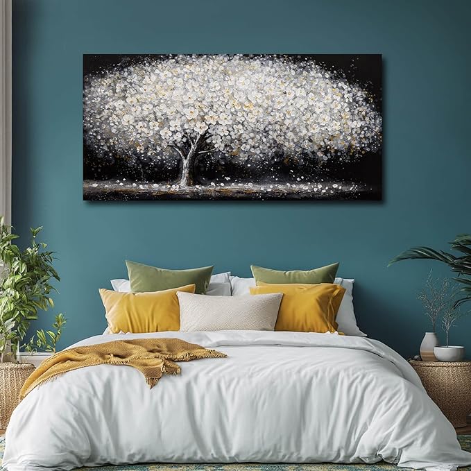 NBAODAN Large Modern Artwork Black and White Tree Picture Wall Decor Canvas Wall Art for Living Room Dining Room Kitchen Bedroom 29"x58" White Floral With Gold Decorations