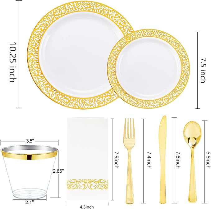 bUCLA 350PCS Gold Plastic Dinnerware Set for 50 Guests - Gold Plastic Plates Disposable for Party Include 50 Dinner / 50 Dessert Plates,50 Forks, 50 Knives, 50 Spoons,50 Cups,50 Napkins