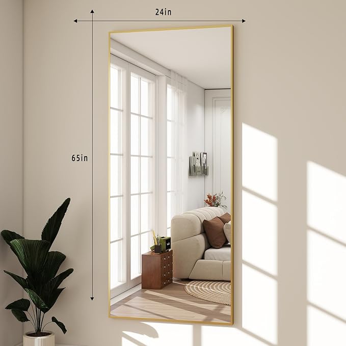 BEAUTYPEAK Full Length Mirror with Stand, 65"x24" Floor Mirror with Aluminum Alloy Thin Frame, ShatterVue Tempered Full Body Mirrors, Free Standing or Wall-Mounted Mirrors for Living Room, Gold
