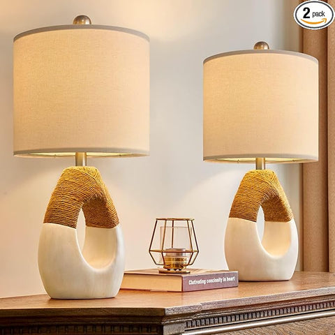 OYEARS Boho Table Lamps Bedroom Living Room Set 2 Small Farmhouse Rattan Table Lamp 19”Rustic Home Decoration Nightstand Bedside Lamp for Office Compatible with Smart Light Bulbs(Not Include Bulbs)