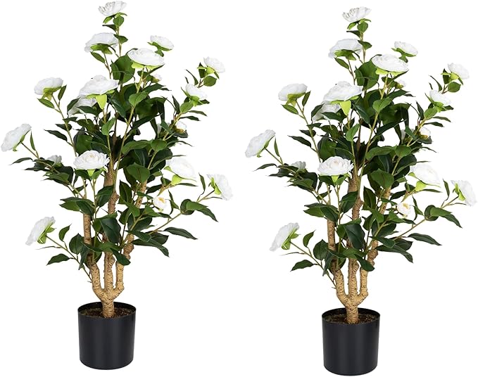 Romantic Season 2Pack Artificial Camellia Tree 3FT, White Faux Camellia Plant Fake Potted Camellia Flower Tree Plastic Camellia Tree for Modern Home Office Living Room Floor Décor Indoor